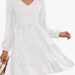 ZESICA Women’s Casual V Neck Long Sleeve Smocked High Waist Ruffle A Line Tiered Mini Dress,White,Small