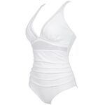 SUUKSESS Women Slimming Tummy Control One Piece Swimsuits Sexy Mesh High Waisted Monokini Bathing Suits (White, M)