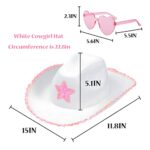 D-Fokes White Cowgirl Hat with Pink Heart Glasses and Earrings – Cowboy Hat with Sequin Stars, Princess Hat Halloween Cosplay Props, Vintage Cowgirl Costume Accessory Party Hat, Fits Most Girls Women