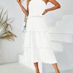 MEROKEETY Women’s Summer One Shoulder Sleeveless Pleated Ruffle Tiered Layered Chiffon Party Dress,White,M