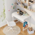 Lufeiya Small White Desk with Drawers – for Bedroom, 32 Inch Home Office Computer Desk with Fabric Storage Drawer and Bag, Study Writing Table for Small Spaces, White