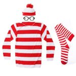 PUER Red&White Stripes Cosplay Costume,Halloween Costumes,Funny Sweatshirt Outfit Glasses Suits (Women, M)