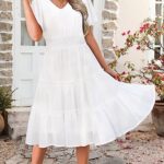 Zattcas Women 2023 Spring Chiffon Summer Dress Short Flutter Sleeve V Neck Smocked Casual Flowy A Line Boho Tiered Modest Teacher Work Vacation Midi Dress White M