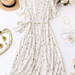 Verdusa Women’s Plus Size Floral Print Cap Sleeve Ruffle Hem Belted Long A Line Dress Ditsy White 2XL