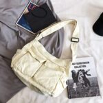 GAXOS Aesthetic Cute Messenger Bag for School Vintage White Canvas Crossbody for Women Shoulder Laptop Bag