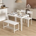 SogesHome 4 Piece Kitchen Dining Room Table Sets for 4, Modern Wooden Table with 2 Chairs and a Long Bench, Space-Saving Table Set for Restaurant, Coffee Shop, White