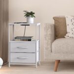 DOMYDEVM White Nightstand with Charging Station Bedroom Night Stand Bedside Table with USB Ports and Outlets Small Side End Table with 2 Fabric Storage Drawers for Living Room Dorm