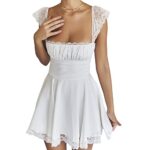 Women Vintage Lace Patchwork A-line Dress Short Sleeve Ruched Square Neck Short Mini Dress (White, L)
