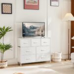 Dresser, Dresser for Bedroom, Storage Drawers, TV Stand Fabric Storage Tower with 7 Drawers, Chest of Drawers with Fabric Bins, Wooden Top for TV up to 45 inch, for Kid room, Closet, Entryway, Nursery