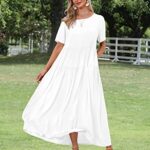 YESNO Women Casual Loose Bohemian Floral Dress with Pockets Short Sleeve Long Maxi Summer Beach Swing Dress L EJF White