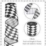 2 Rolls 2.5 Inch 20 Yards Christmas Checkered Ribbon Black and White Check Ribbon Diamond Check Wired Edge Ribbon Diamond Pattern Decorative Ribbons for Xmas Tree Wrapping Wreath Crafts