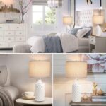 White Ceramic Table Lamps for bedrooms Set of 2, Coastal Ceramic Bedside Lamps for Living Room End Table 3-Color Temperature Farmhouse Bedroom Nightstand Lamps with Lampshades, LED Bulbs Included