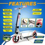 SereneLife Lightweight and Foldable Kick Scooter Comfortable T-Bar Handlebar, Adjustable Scooter for Teens and Adult, Alloy Deck with High Impact Wheels, Durable ABEC-7 Bearings, White & Pink SLTS35