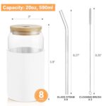 HOMBERKING Glass Cups with Bamboo Lids and Straws 8pcs Set, 20oz Can Shaped Cute Tumbler Cup with Cleaning Brushes, Beer Glasses, Iced Coffee Cups with Silicone Protective Sleeve BPA Free, White