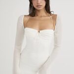 XLLAIS Women Long Puff Sleeve Mini Bodycon Mesh Dress Split Hem Clubwear (White1, X-Large)