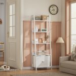 Furologee 5-Tier White Ladder Shelf, Ladder Bookshelf with Removable Drawer, Mordern Bookcase Storage Rack Organizer, Wood Metal Freestanding Storage Shelves for Living Room, Home Office, Bedroom