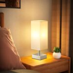 White Small Table Lamp for Bedroom – Bedside Lamps for Nightstand, Minimalist Night Stand Lamp with Square Fabric Shade, Desk Reading Lamp for Kids Room Living Room Office with Sliver Base