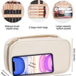 Relavel Travel Makeup Bag, Compact Cosmetic Bag, Small Makeup Bag for Women, Makeup Organizer Pouch, Double-layer Makeup Bag with Brush Holder, Waterproof Makeup Case (White)