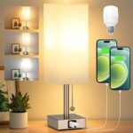 aooshine Bedside Table Lamp with 3 Levels Brightness – 2700/3500/5000K Nightstand Lamp with USB C+A Ports, Small Lamp with 3 Color Modes by Pull Chain, LED Bulb Included (Sliver Base White Shade)