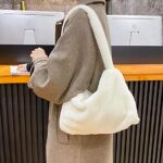 Fluffy Tote Bag for Women Girls Ladies Fuzzy Shoulder Bag Plush Underarm Handbag for Autumn and Winter (White)
