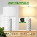 Set of 2 Farmhouse Ceramic Table Lamps, 26″ Bedside Nightstand Lamps with White Fabric Shade, Modern Tall Desk Lamp with Rotary Switch, Rustic End Table Lamps for Bedroom Living Room Office Study, E26