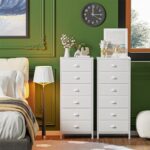 Furnulem Tall Dresser for Bedroom,Vertical Storage Tower Unit and Nightstand with 6 Drawers, White Furniture with Fabric Drawer Organizer in Living Room,Closet,Entryway,Hallyway
