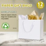 12 Pack Medium Gift Bags with Ribbon Handles & Tissue bags, White Gift Bags for Shopping, Small Business, Bridal Party, Wedding, Baby Shower, Bridal Party, Christmas and Holiday (10.6” x3.1” x8.3”)