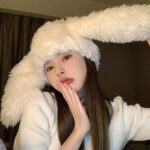 Y2K Fuzzy Bunny Hat for Women Cute Plush Beanie with Bunny Ears Long Rabbit Ears Winter Hat (White)