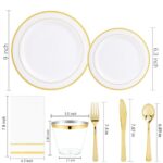 GATHER 350pcs Gold Plastic Plates – Disposable Plastic Dinnerware Set Include: 50 9inch Dinner Plates, 50 6.3inch Salad Plates ,150 Silverware, 50 Napkins, 50  Cups Perfect for Party & Weeding