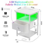 HDDDZSW LED Nightstands Set of 2 with Charging Station, Bedside Tables with USB Ports and Outlets, End Table with Fabric-Wood 2-in-1 Drawer for Small Spaces, White Side Table for Bedroom, Living Room