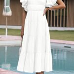 LILLUSORY Bridal Shower Dresses Womens Off The Shoulder Puff Sleeve 2023 Smocked Babydoll Flowy Boho Midi Trendy Spring Summer Smocked Dress White