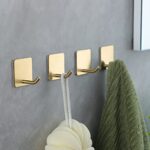 YIGII Adhesive Towel Hooks/Bathroom Hook, Gold Self Adhesive Hooks Heavy Duty Coat Hooks 4-Packs, Non-Punching for Hanging Robes Clothes Hats Stick on Kitchen Bedroom Wall Door, Stainless Steel