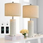 PORTRES 24″ Farmhouse 3-Way Dimmable Touch Ceramic Table Lamp Set of 2 for Bedroom White Bedside Lamps with 2 USB Charging Ports for Living Room Nightstand Lamp End Table Lamps(2 Bulbs Included)