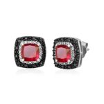 Jewelili Sterling Silver 6 MM Cushion Shape Created Ruby with Treated Black and Natural White Round Diamond Accent Halo Stud Earrings
