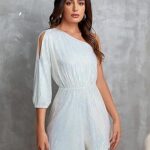 Zexxxy Women’s Sparkly Glitter Sequins Rompers One Shoulder Sleeve Party Outfits Night Out Club Evening Dress White XXL