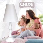 Chloe Candlestick Lamp – Small White Lamp for Bedrooms and Living Rooms – White Table Lamp with Fabric Bell Shade – Classic White Bedside Lamp – Elegant White Lamps for Bedrooms