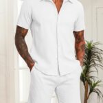 COOFANDY Men’s Cotton Linen Suits Casual Button-Down Beach Shirts Party Elastic Shorts Outfits Matching Swim Set White