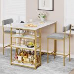 GAOMON Dining Table Set for 2, Kitchen Table and Upholstered Chairs for 2, 3 Piece Counter Height Bar Kitchen Table Set with 3 Storage Shelves for Small Space, Apartment, Velvet Gray and Gold White