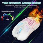 Honeycomb Wired Gaming Mouse, 4 Adjustable DPI Up to 7200, RGB Backlight, Lightweight and Ergonomic USB Computer Mouse with High Precision Optical Sensor for PC, Mac, Laptop (Honeycomb White)