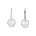 Simple White Freshwater Cultured Pearl Lever back Ball Drop Earrings For Women .925 Sterling Silver