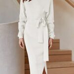 ZESICA Women’s Turtleneck Sweater Midi Dress Long Sleeve Ribbed Knit Bodycon Slit Dress with Belt,White,Medium
