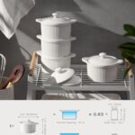 DOWAN 10 oz Ramekins with Lids Oven Safe, Porcelain White Ramekins for Creme Brulee, Souffle Dish, Stackable Ramekins with Cover and Handle for Baking, Set of 4, White