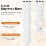Floral Engraved Band Compatible with Apple Watch Band 38mm 40mm 41mm 42mm 44mm 45mm 49mm, Designer Soft Silicone Glossy Wildflower Strap for iWatch Band Series Ultra 9 8 7 6 SE 5 4 3 2 1, White 38