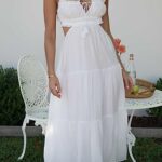 FEORJGP Women Summer Spaghetti Strap Long Dress Boho Low Cut Dress Backless Bodycon Midi Dress High Waist Maxi Dress Beahwear (A White, L)