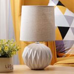 Somniferous White Ceramic Table Lamp, Geometric Textured Small Bedside Lamp with Linen Shade, Mid Century Modern Nightstand Lamp for Bedroom Living Room Reading Room, H 12″ x W 6.7″