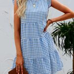 KIRUNDO Women’s 2024 Dresses Casual Loose Ruffle Sleeveless Crew Neck Plaid Flowy Swing Mini Dress, Plaid-Blue, Medium