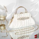 Beaguful Crystal Rhinestone Evening Bags Women’s Pleated Clutch Purses Vintage Leather Handbags White