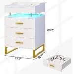 BTHFST LED Nightstand with Charging Station, Large Night Stand with 3 Drawers and 1 Pull-Out Tray, Modern Bedside Table with LED Lights, End Side Table with Storage, White and Gold