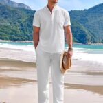 COOFANDY Men’s 2 Pieces Cotton Linen Set White Henley Shirt Short Sleeve and Casual Beach Pants Summer Yoga Outfits