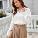 Women’s Satin Silk Shirts Lapel V Neck Long Sleeve Casual Work Blouse Shirt Pullover Tops White S